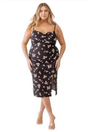 Plus Floral Ribbed Ruched Sleeveless Midi Dress
