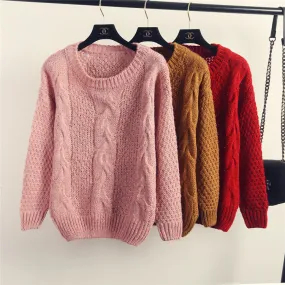 Pure Color Cable Knit Wear Long Sleeves Scoop Sweater