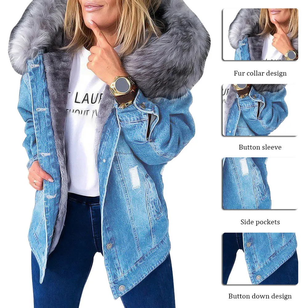 Retro Big Fur Collar Denim Jacket Parkas Loose Warm Fur Thick Coat For Women