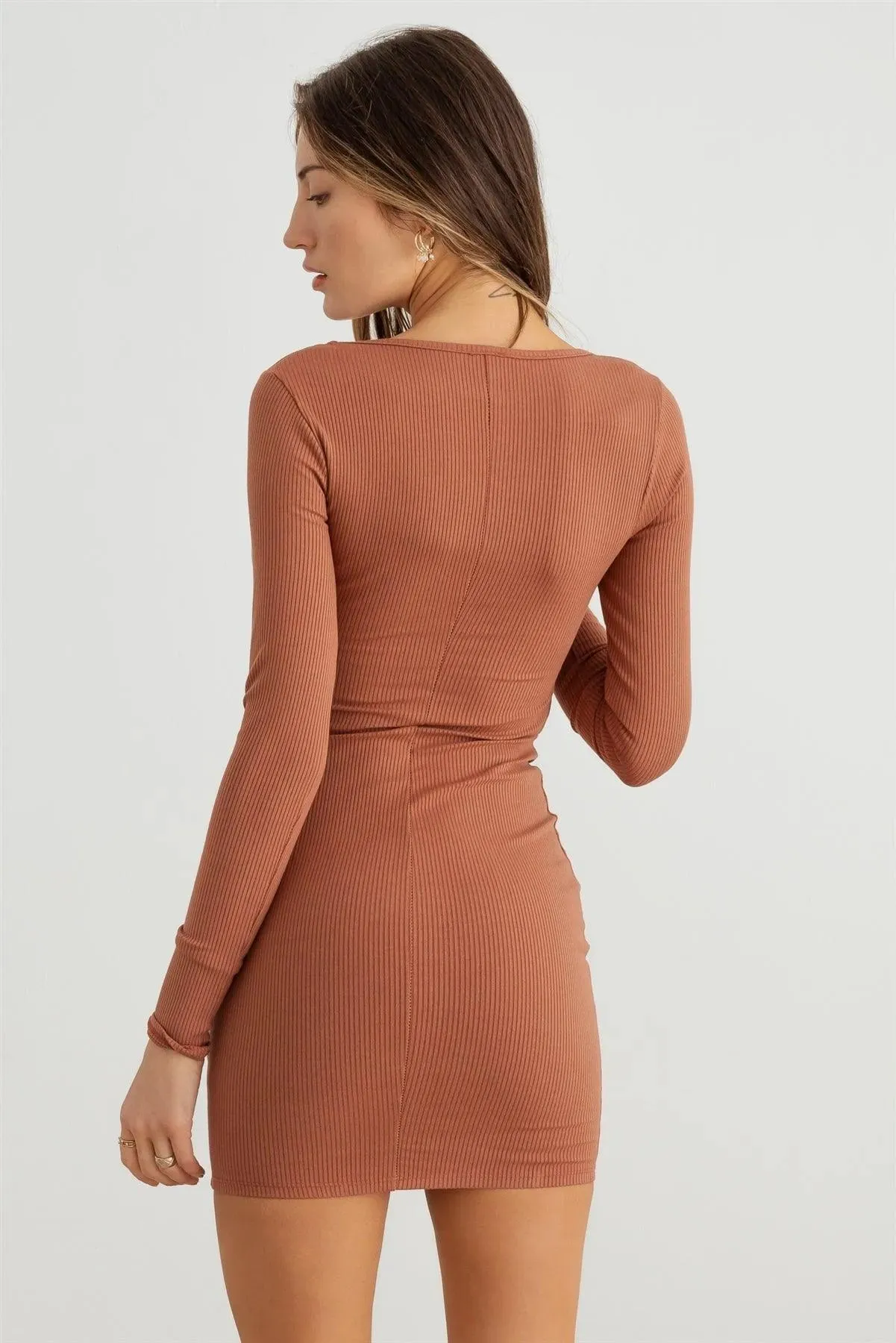 Ribbed Square Neck Cut-Out Front Open Back Mini Dress