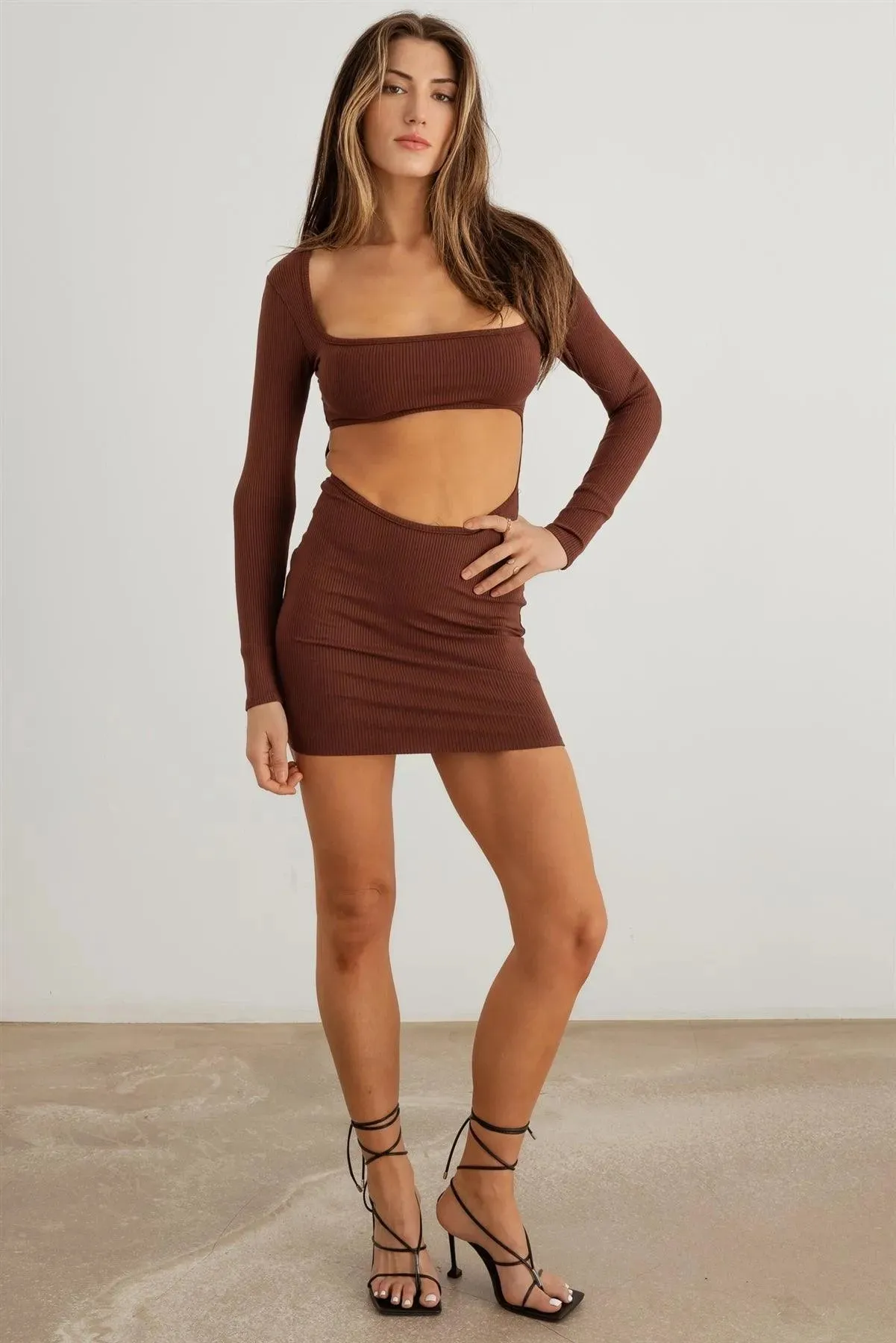 Ribbed Square Neck Cut-Out Front Open Back Mini Dress