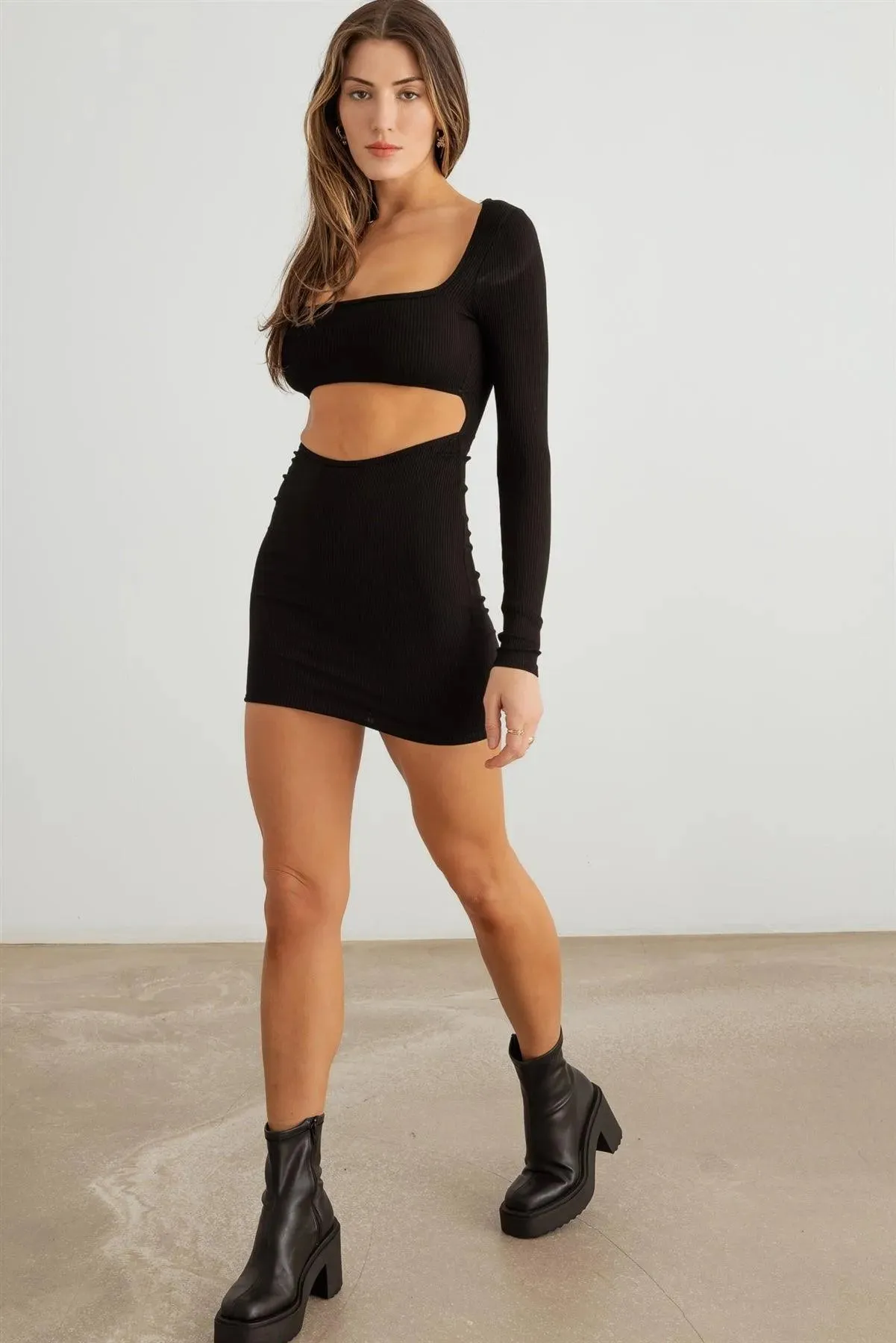 Ribbed Square Neck Cut-Out Front Open Back Mini Dress