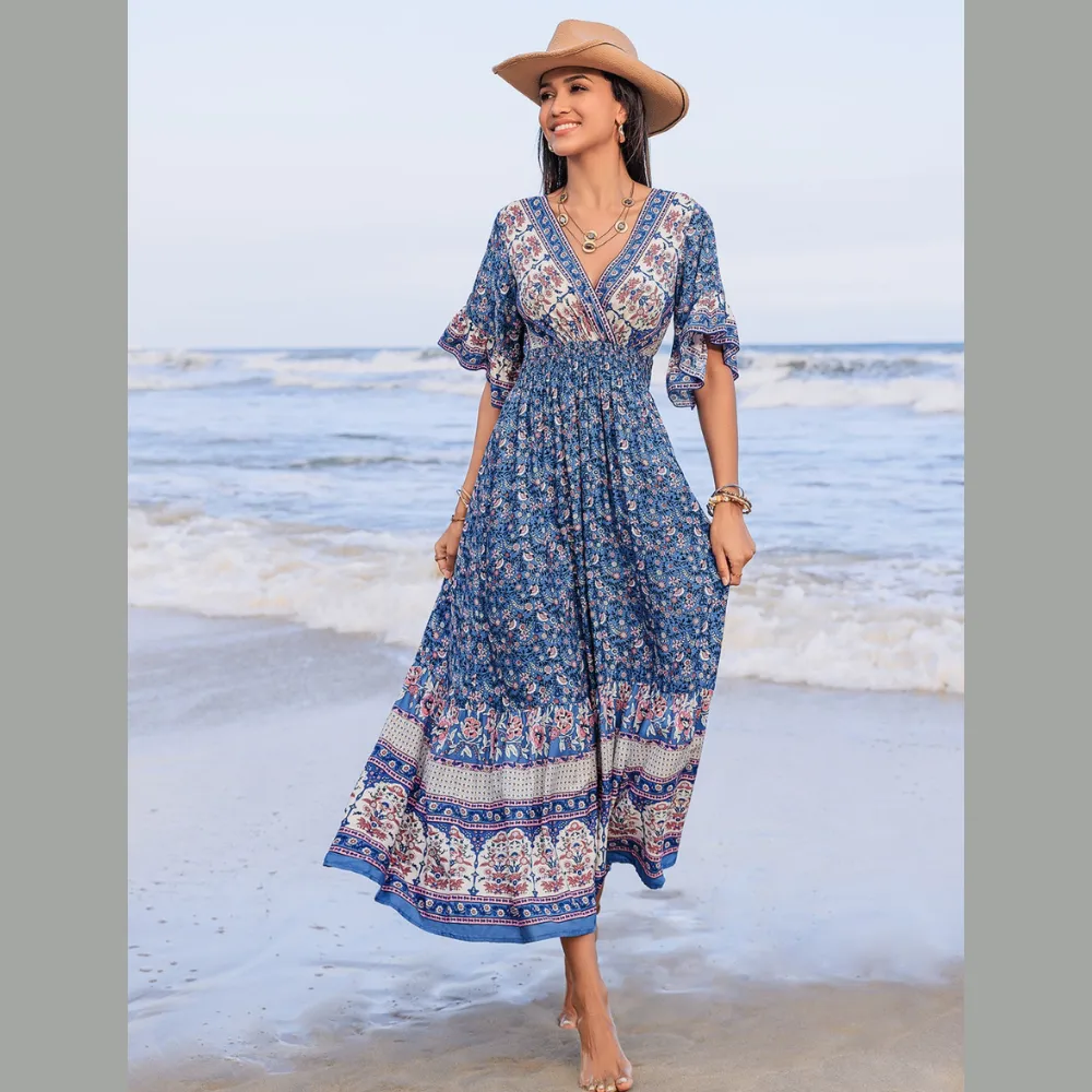 Ruched Printed Flounce Sleeve Midi Dress