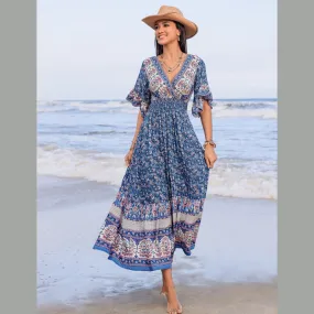 Ruched Printed Flounce Sleeve Midi Dress