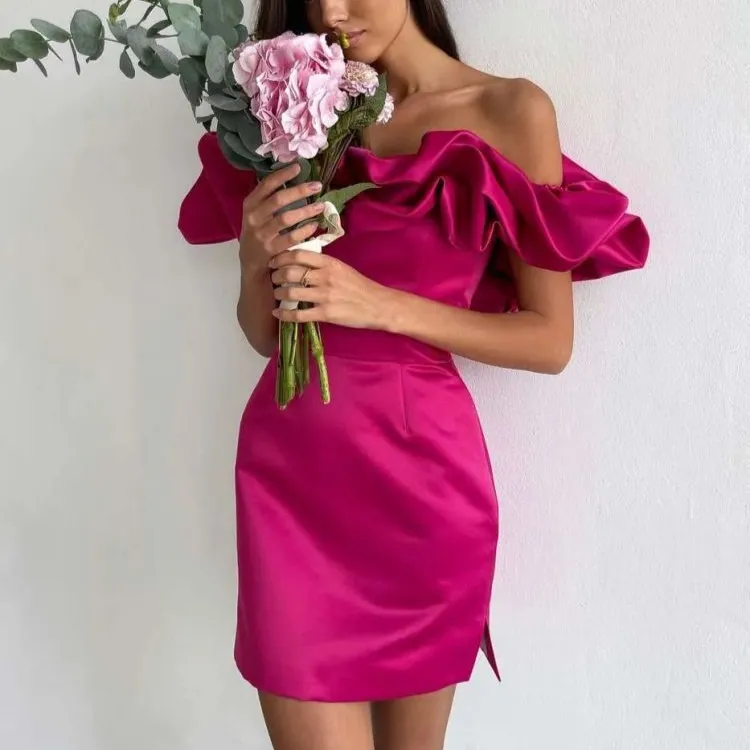 Satin Off-Shoulder Sleeveless Ruched Mini Dress
