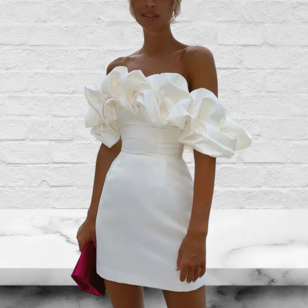 Satin Off-Shoulder Sleeveless Ruched Mini Dress