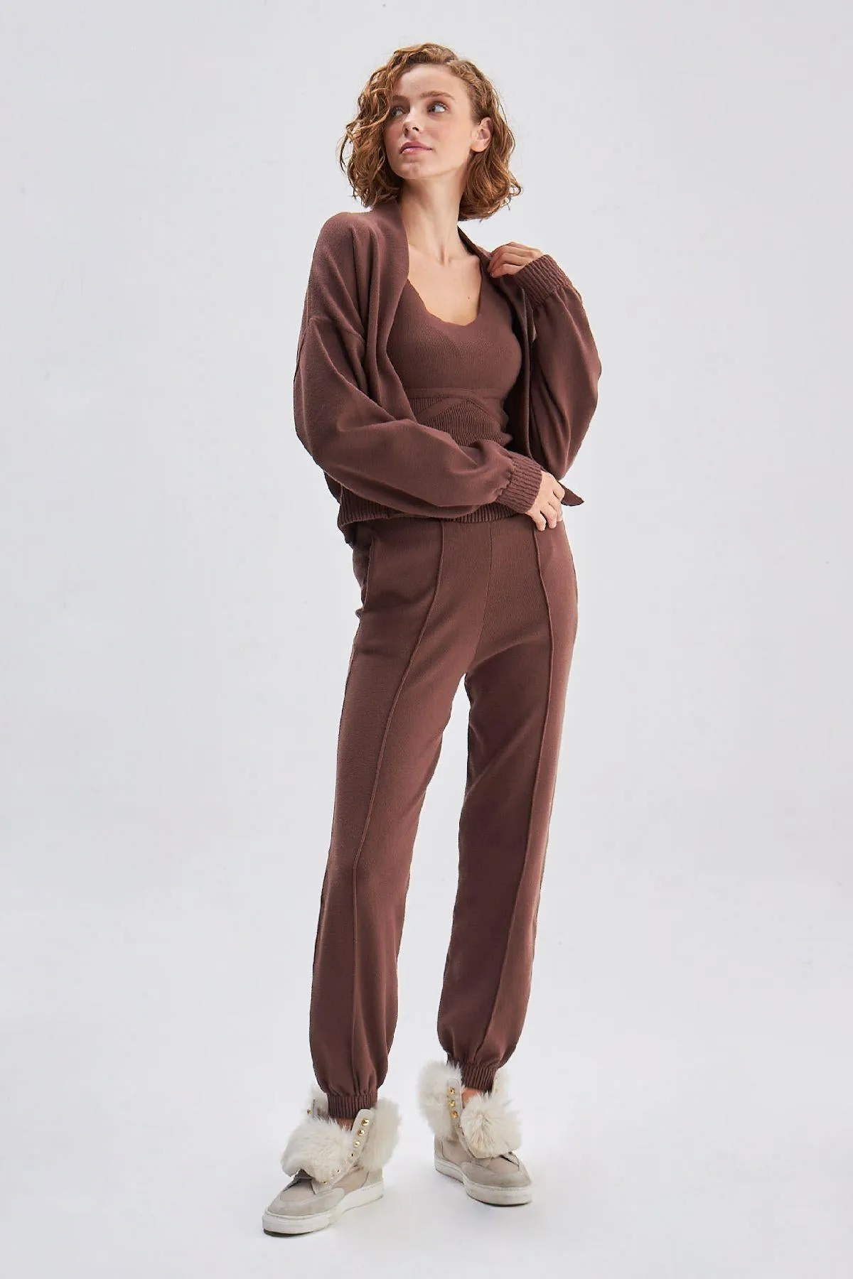 Sewing Detailed Jogger Knitwear Brown Pants