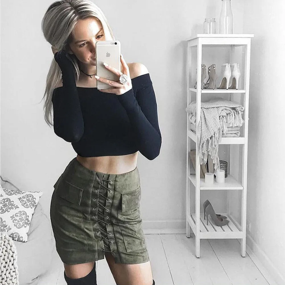Sexy Suede Lace Up Pockets Short Bodycon Skirt