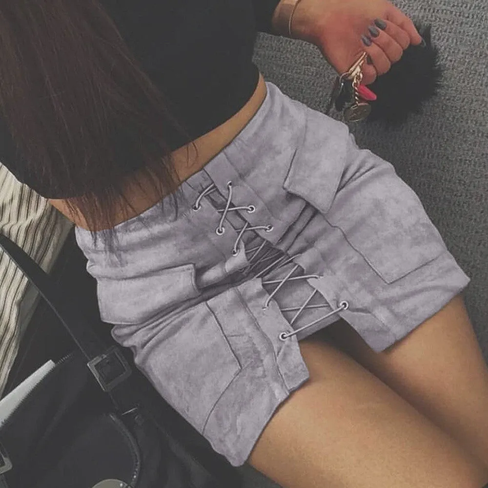 Sexy Suede Lace Up Pockets Short Bodycon Skirt