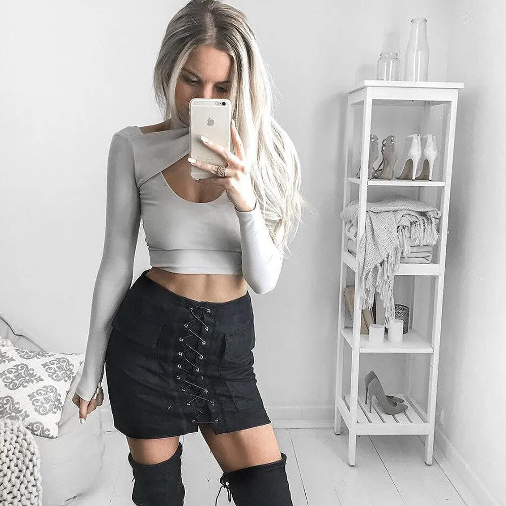 Sexy Suede Lace Up Pockets Short Bodycon Skirt