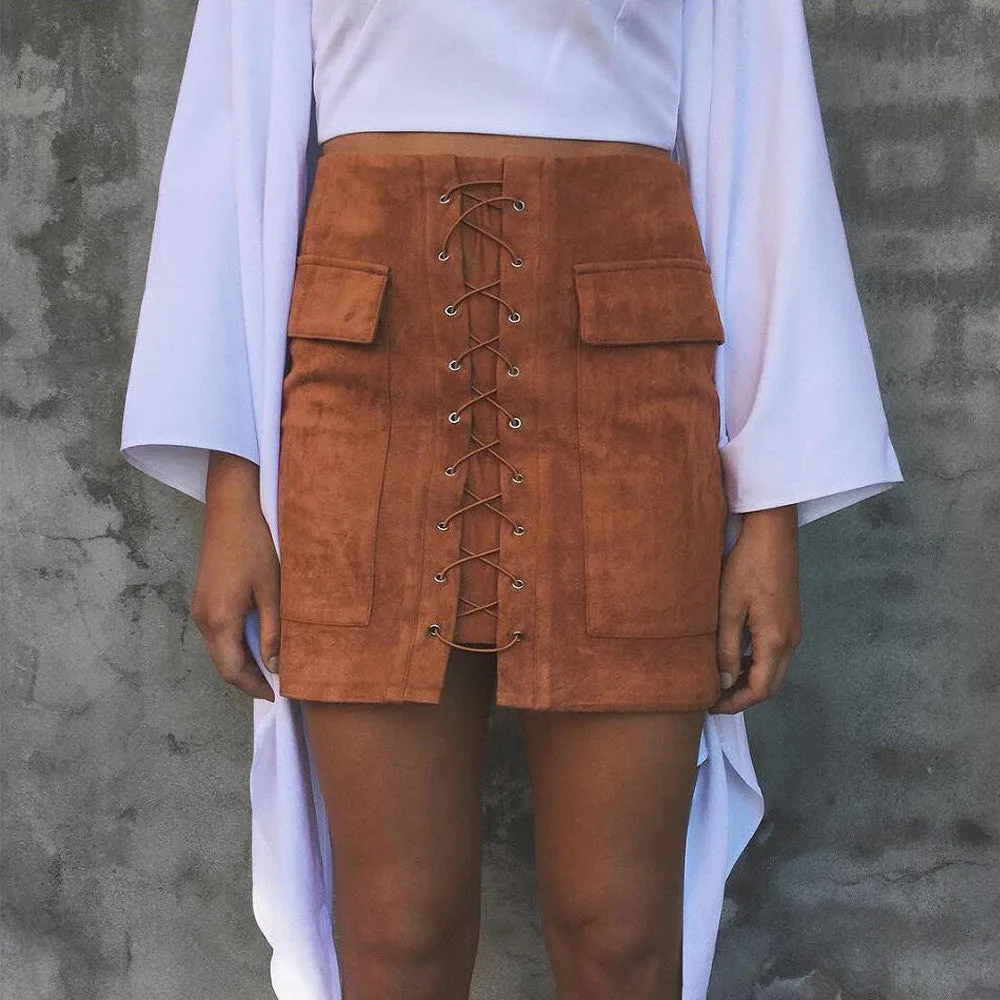 Sexy Suede Lace Up Pockets Short Bodycon Skirt