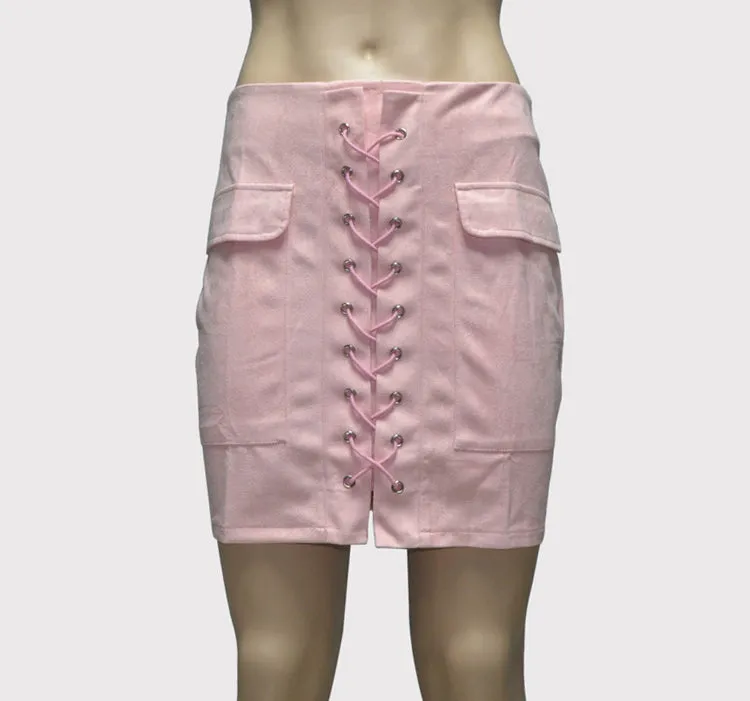 Sexy Suede Lace Up Pockets Short Bodycon Skirt