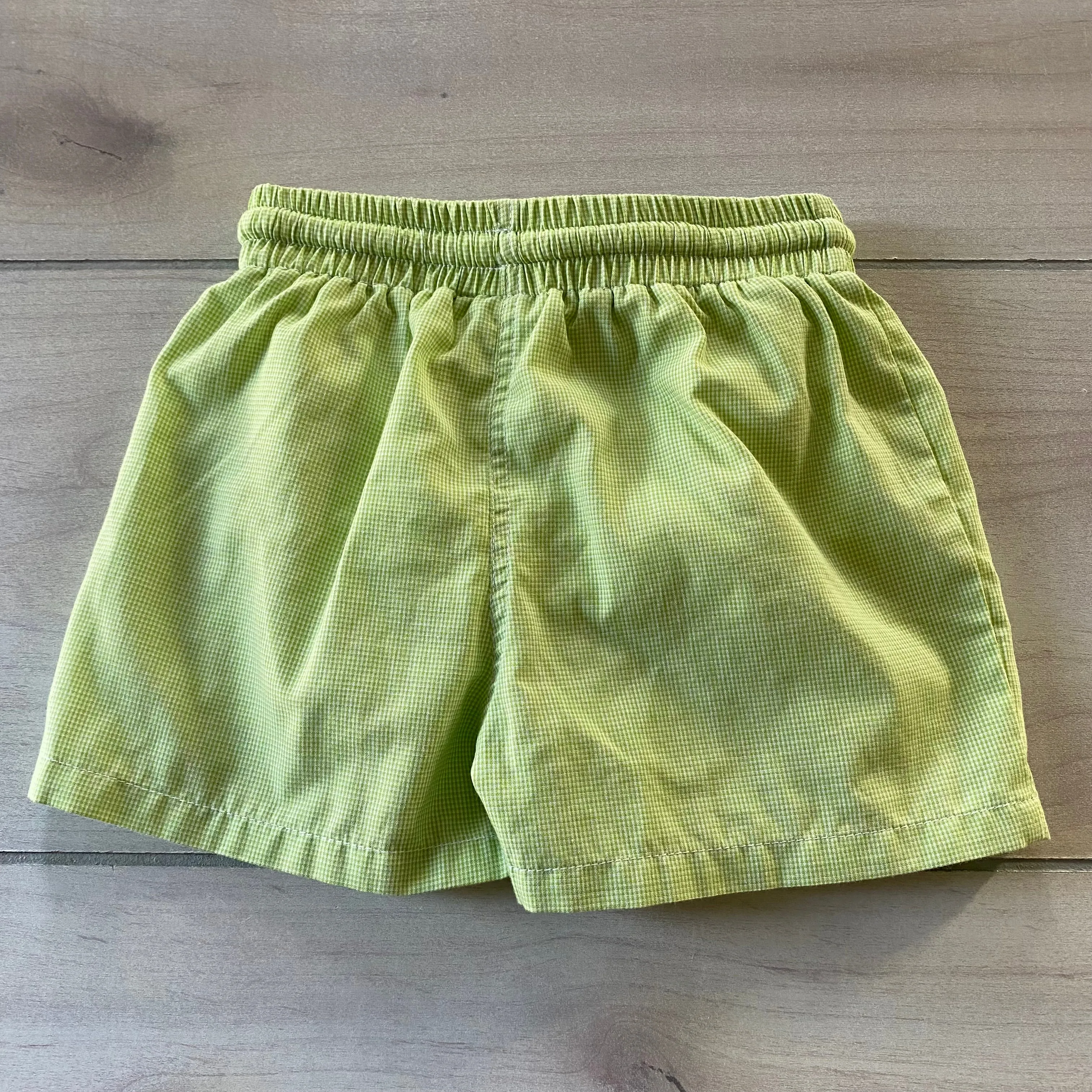 Silly Goose Green Gingham Elephant Embroidered Smocked Swim Trunks