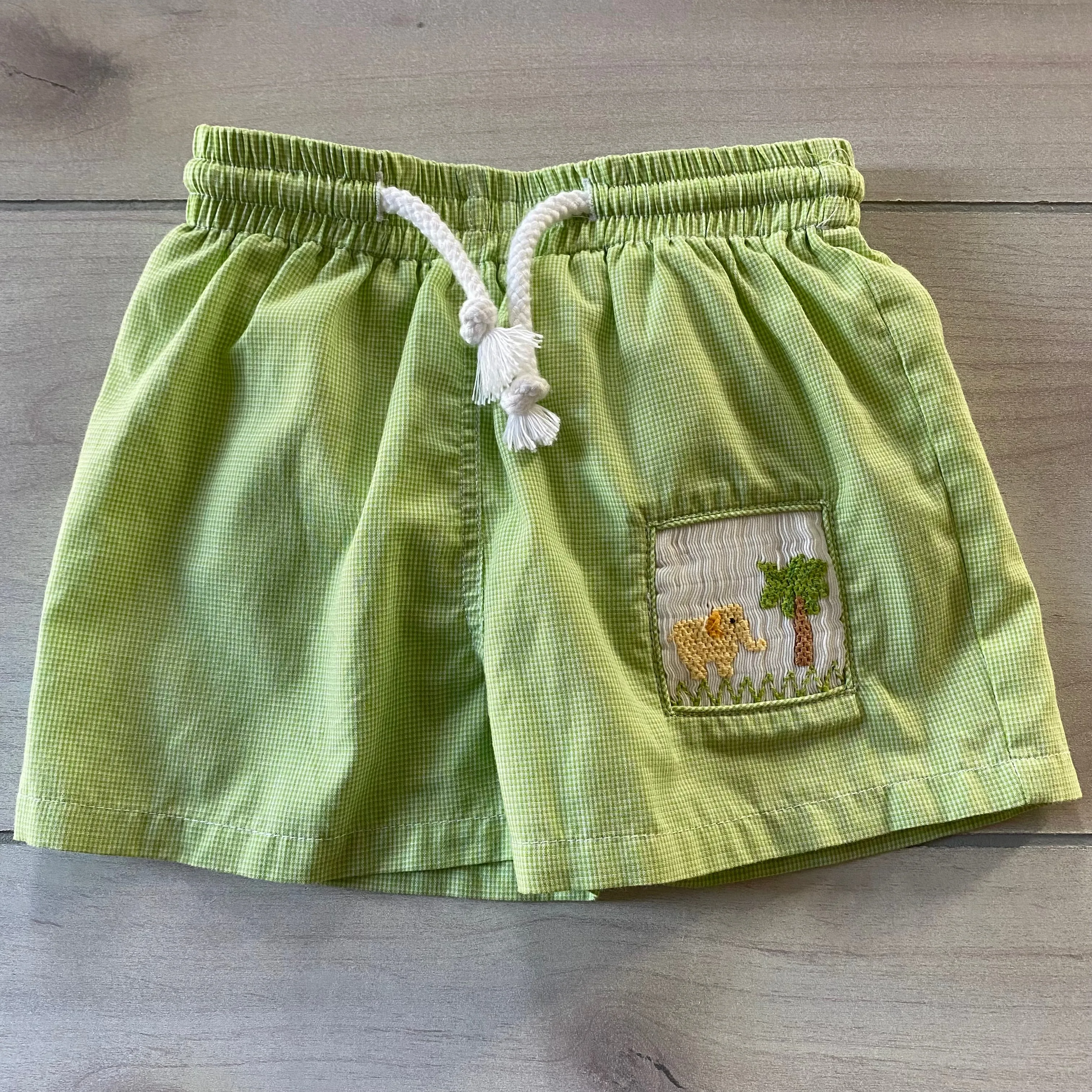 Silly Goose Green Gingham Elephant Embroidered Smocked Swim Trunks