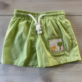 Silly Goose Green Gingham Elephant Embroidered Smocked Swim Trunks