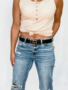 Smooth Moves Croc Faux Leather Belt with Gold CG Buckle, Black