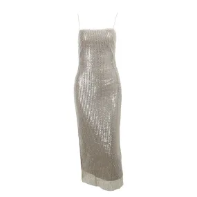 Spaghetti Strap Sparkle Maxi Dress Women Glitter Elegant Split Sleeveless Long Dress Fashion Sexy Party Club Dress