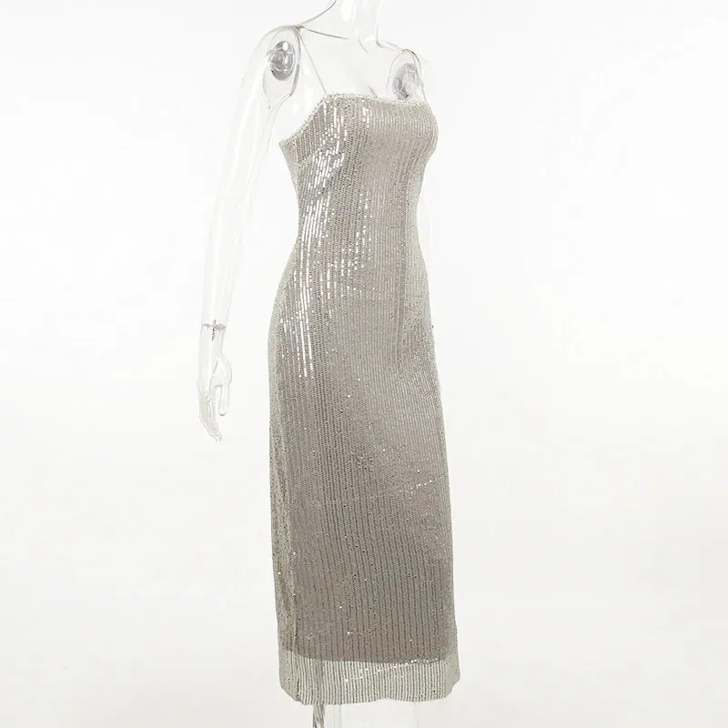 Spaghetti Strap Sparkle Maxi Dress Women Glitter Elegant Split Sleeveless Long Dress Fashion Sexy Party Club Dress