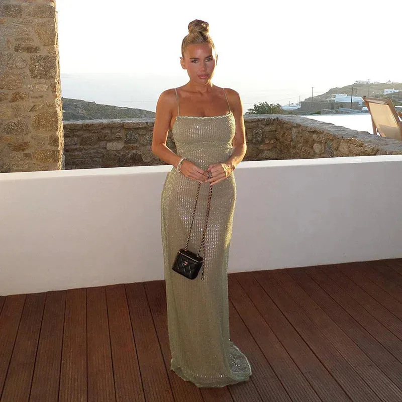 Spaghetti Strap Sparkle Maxi Dress Women Glitter Elegant Split Sleeveless Long Dress Fashion Sexy Party Club Dress