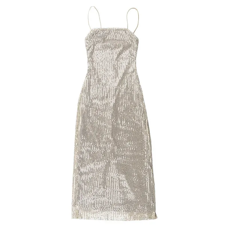 Spaghetti Strap Sparkle Maxi Dress Women Glitter Elegant Split Sleeveless Long Dress Fashion Sexy Party Club Dress