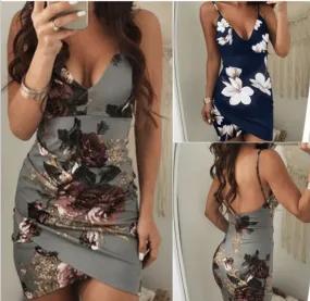 Spaghetti Straps V-neck Print Backless Short Dress