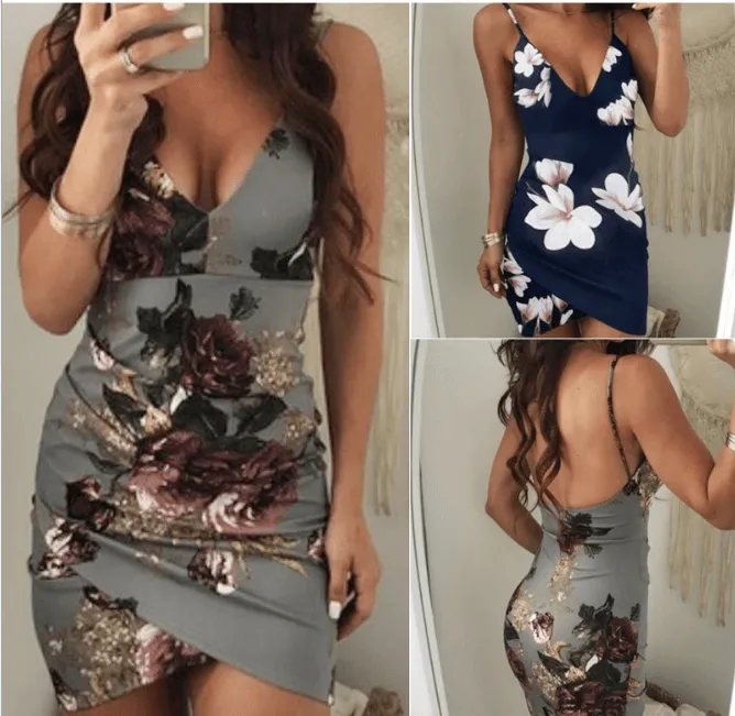 Spaghetti Straps V-neck Print Backless Short Dress