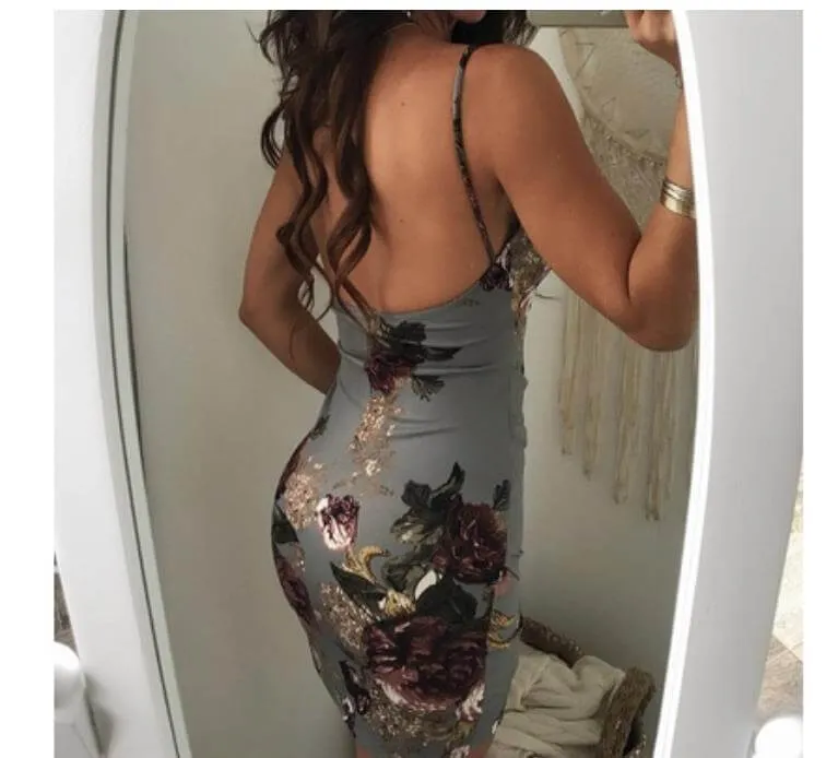 Spaghetti Straps V-neck Print Backless Short Dress