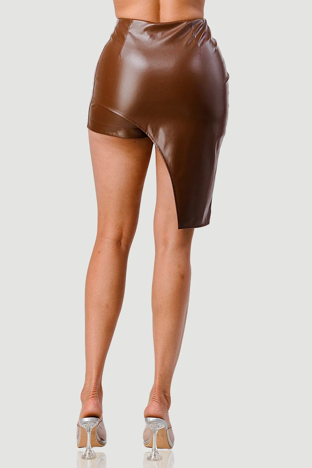 SUPER STRETCH FAUX LEATHER ASYMMETRICAL SHORT