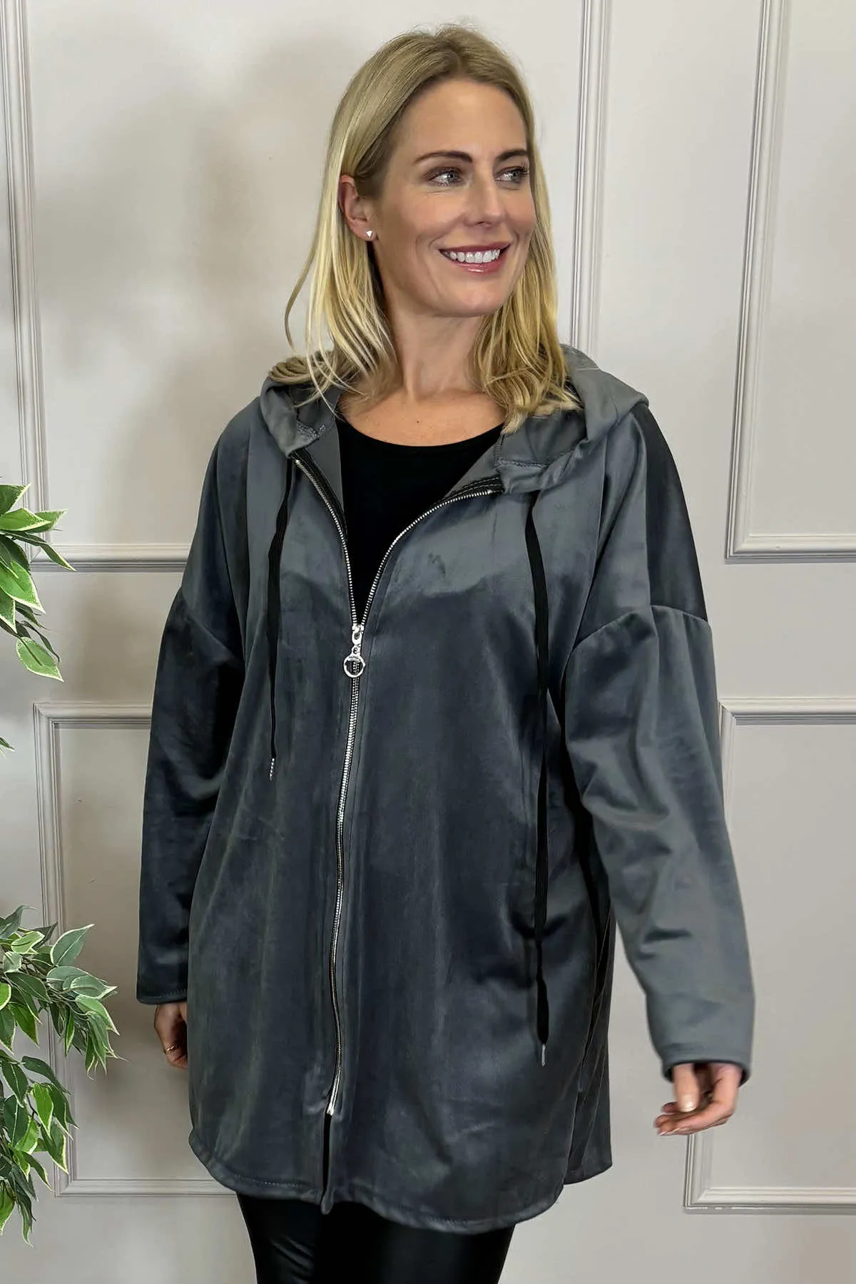 Tessa Velour Hooded Zip Jacket Mid Grey