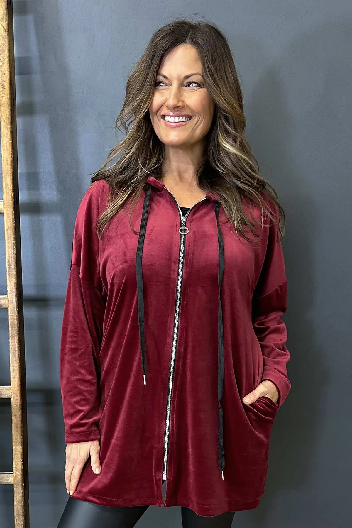 Tessa Velour Hooded Zip Jacket Wine