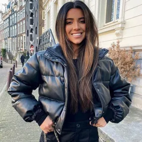 Thick Warm Leather Coats Women Short Parkas Female Fashion Elegant Zipper Black Cotton Padded Down Jacket Lady