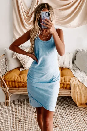 Tiffany Short Sleeve Tulip Hem Ruched Dress (Two Tone Blue)