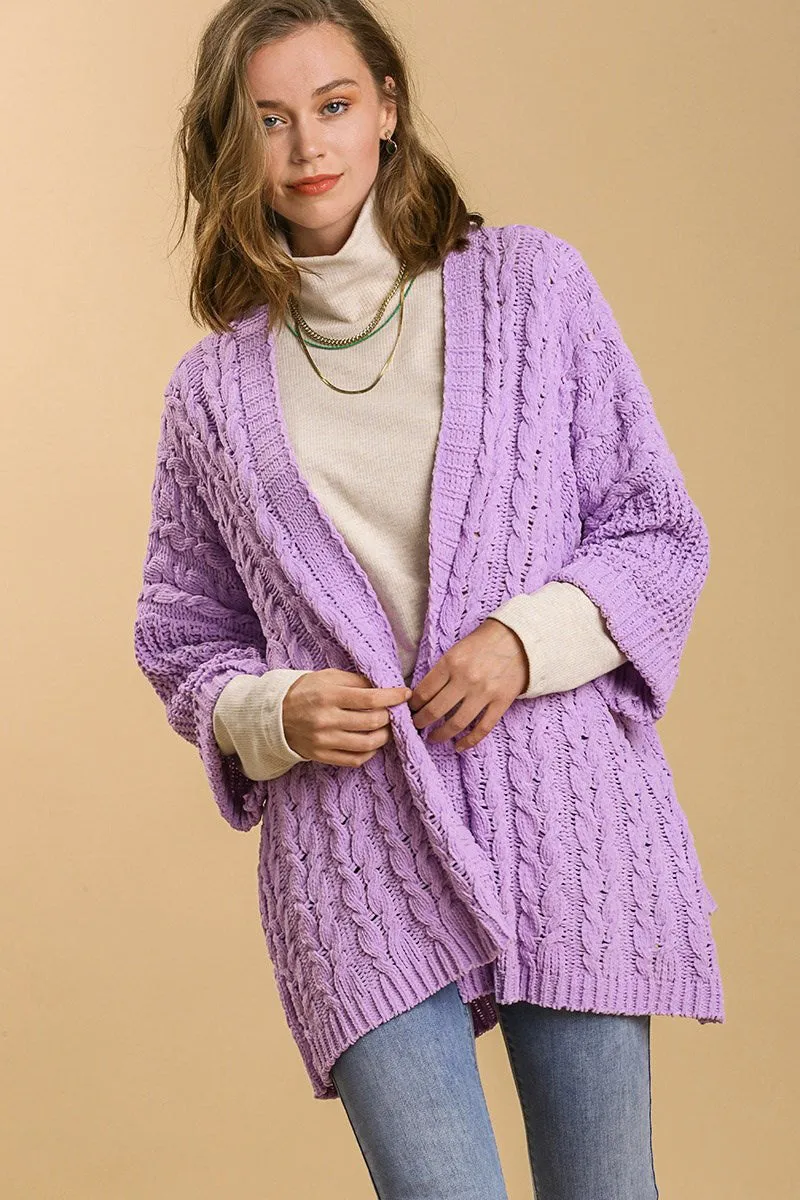 Umgee Lilac Cable Knit Open Front Long Sleeve Cardigan