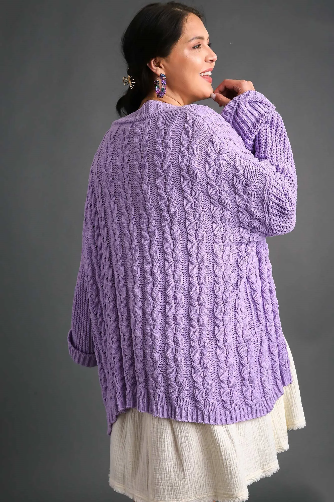 Umgee Lilac Cable Knit Open Front Long Sleeve Cardigan
