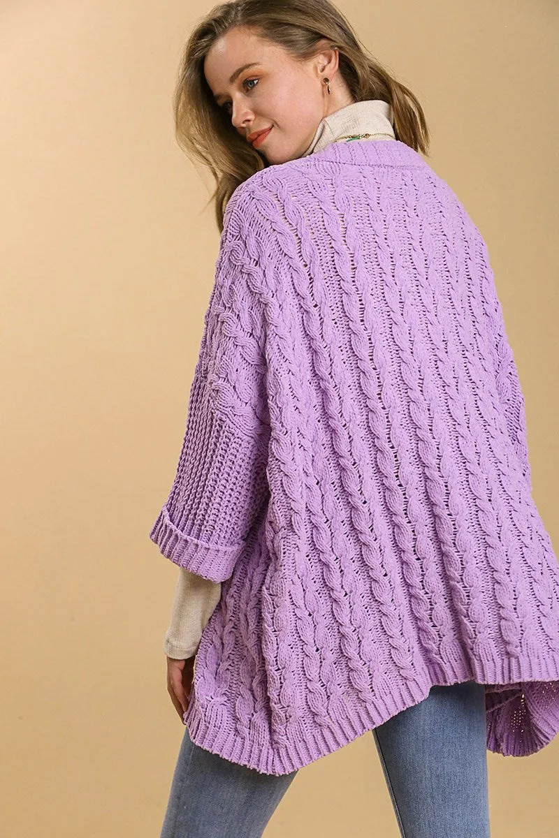 Umgee Lilac Cable Knit Open Front Long Sleeve Cardigan