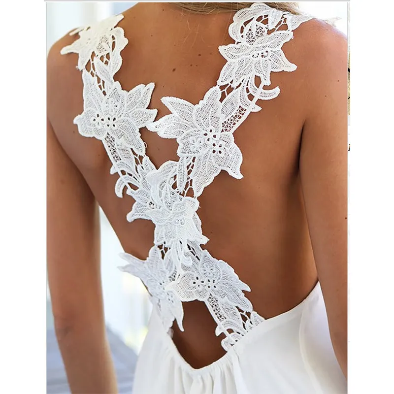 V-neck Pure Color White Chiffon Short Lace Backless Dress
