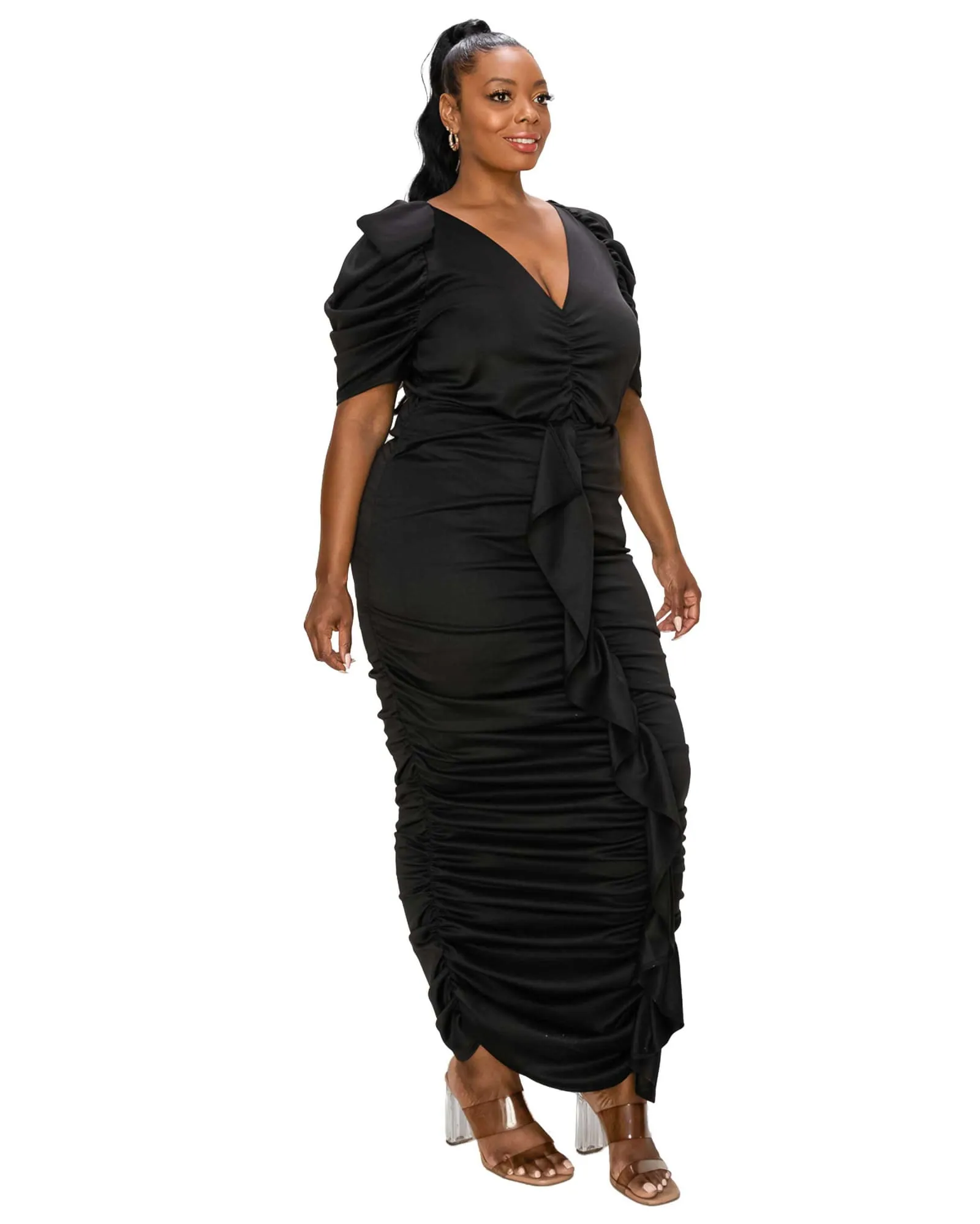 Vanessa Ruched Midi Dress | Black