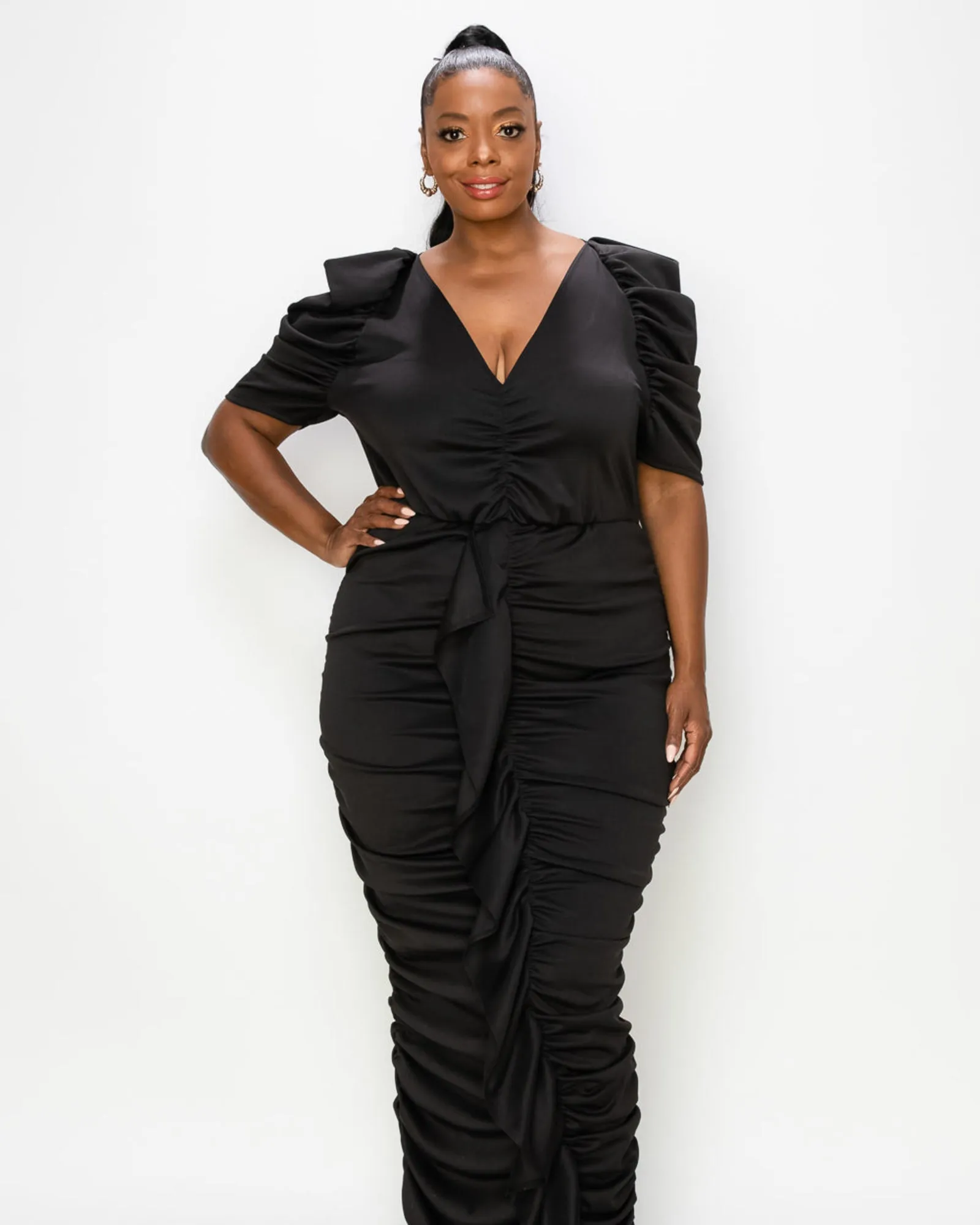 Vanessa Ruched Midi Dress | Black