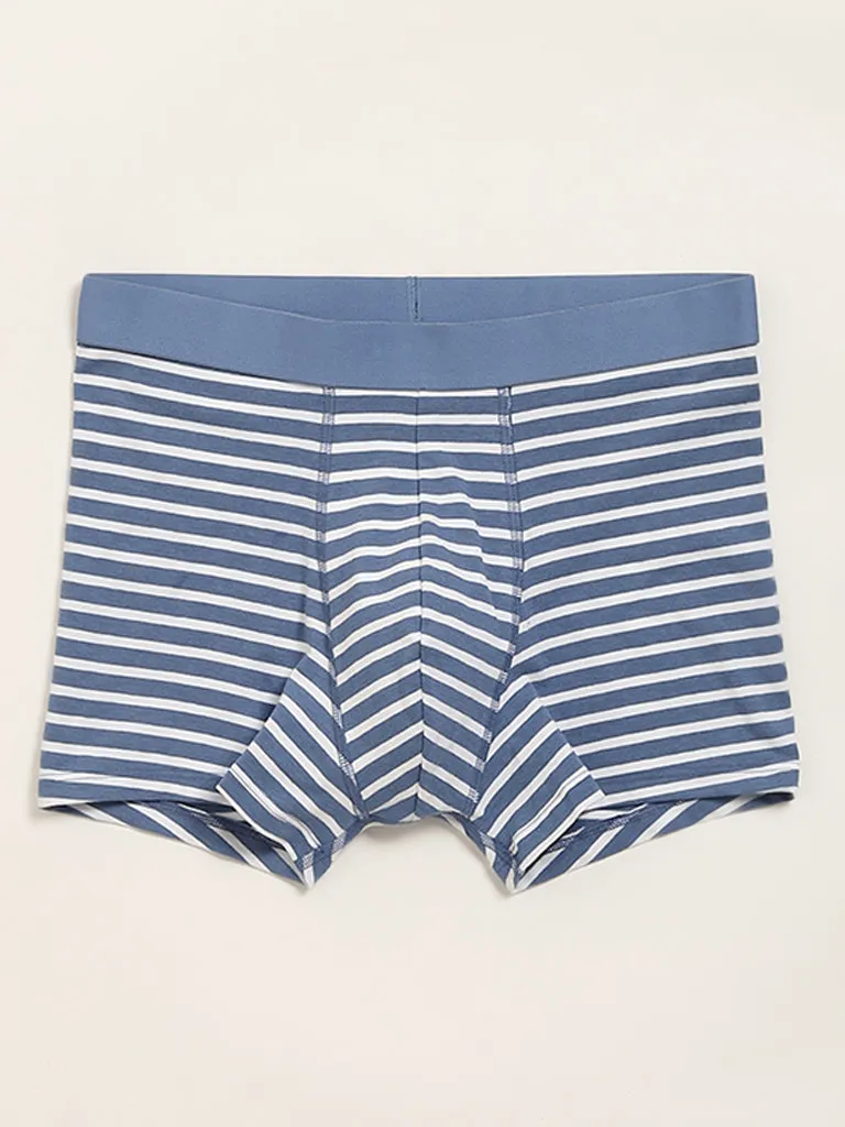 WES Lounge Navy Striped Cotton-Blend Relaxed Fit Trunks - Pack of 3