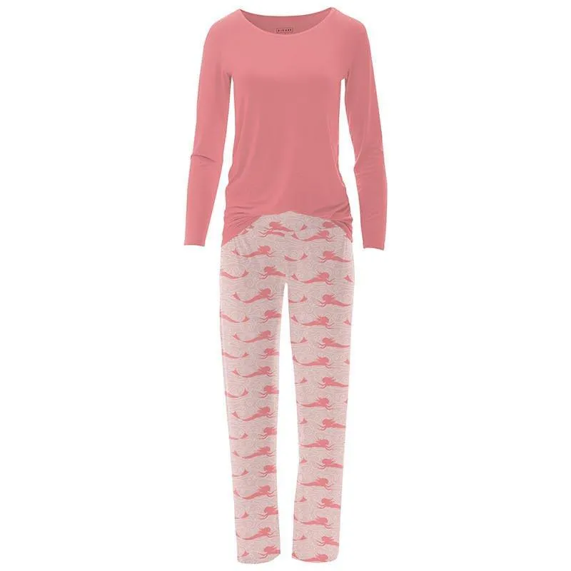 Women's Print Bamboo Long Sleeve Loosey Goosey Tee & Pajama Pants Set - Baby Rose Mermaid