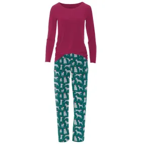 Women's Print Bamboo Long Sleeve Loosey Goosey Tee & Pajama Pants Set - Cedar Santa Dogs