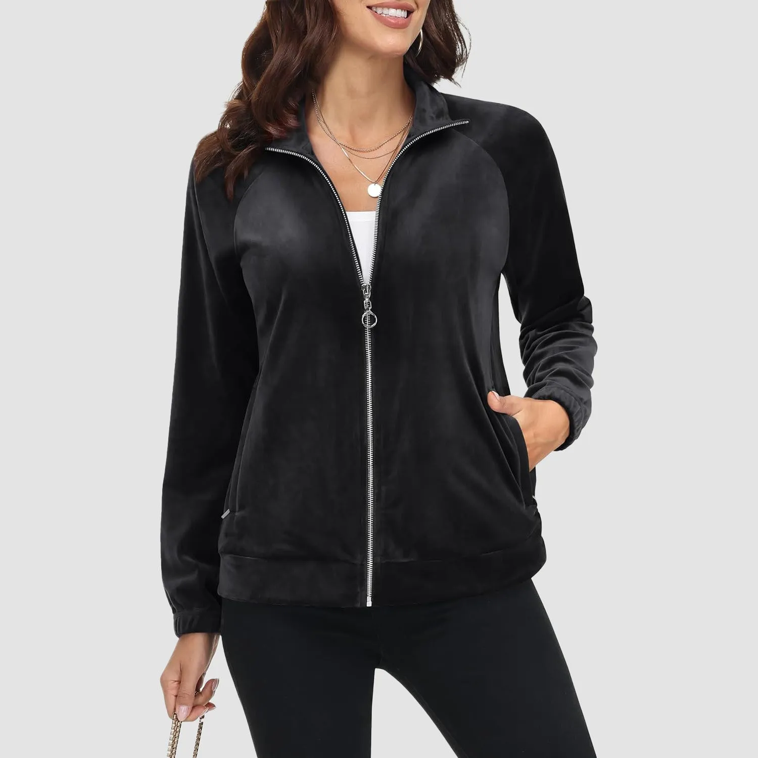 Women's Velour Jackets Full Zip Up Fleece Jacket With Zipper Pockets Soft Winter Jackets