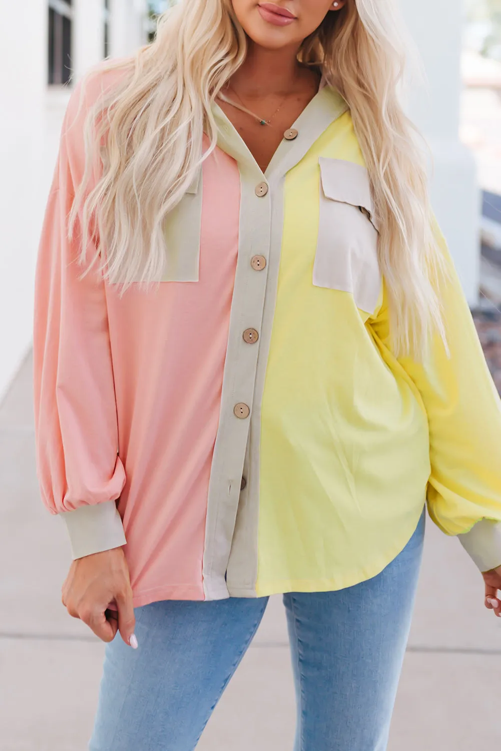 Yellow Color Block Button Down Shirt Jacket