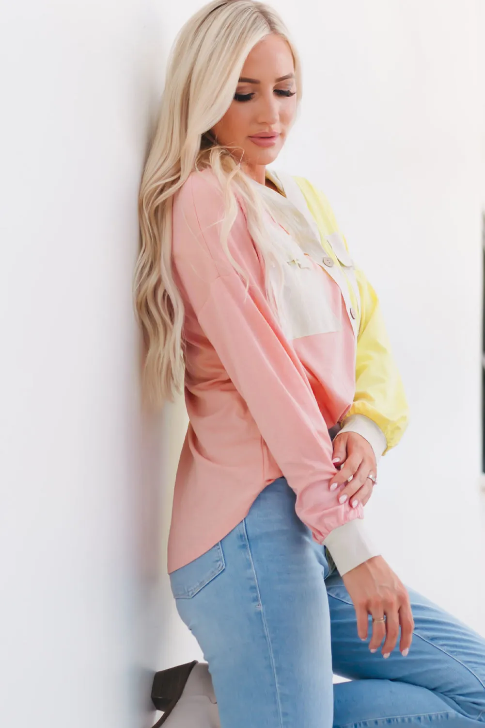 Yellow Color Block Button Down Shirt Jacket