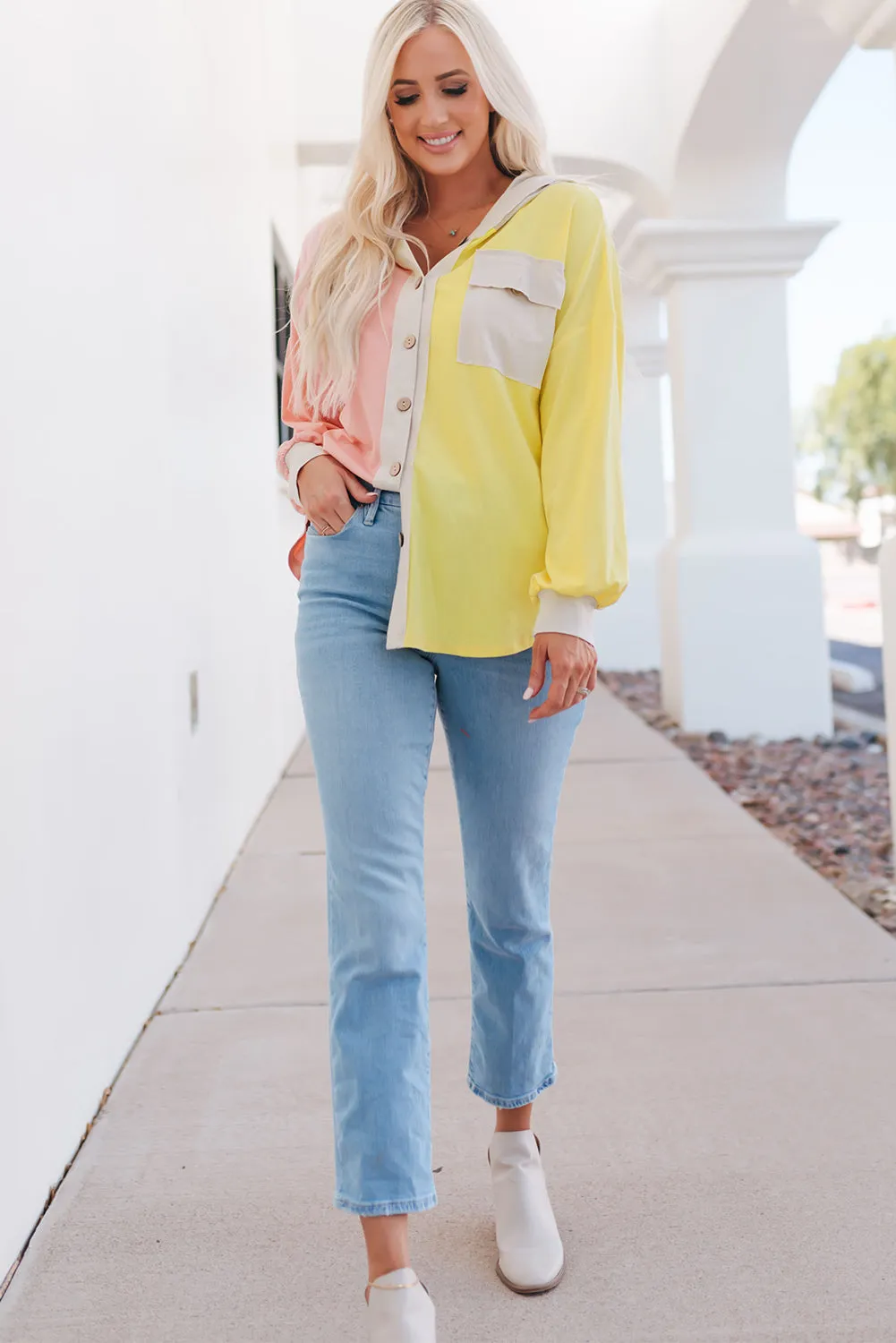 Yellow Color Block Button Down Shirt Jacket