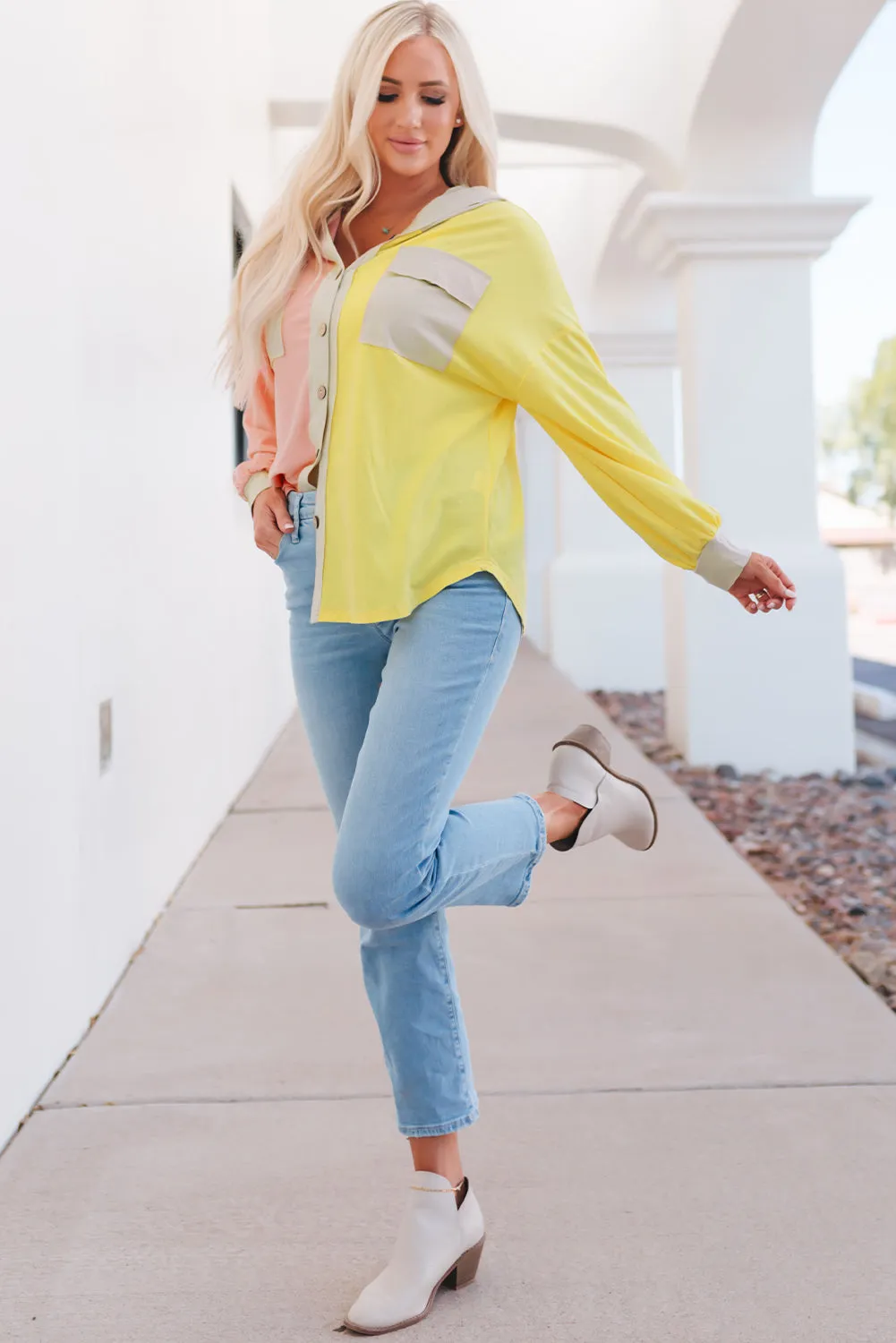Yellow Color Block Button Down Shirt Jacket