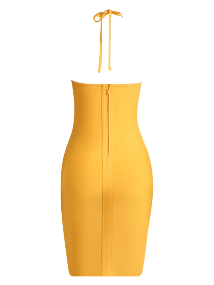 Yellow Halter Sexy Backless Bandage Dress