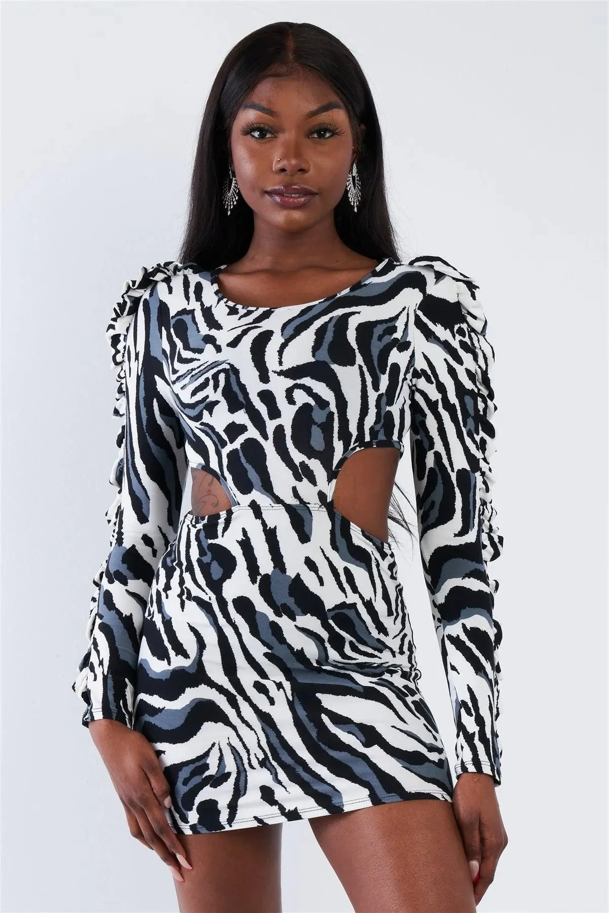 Zebra Cut-Out Flounce Sleeve Trim Mini Dress /2-3-2