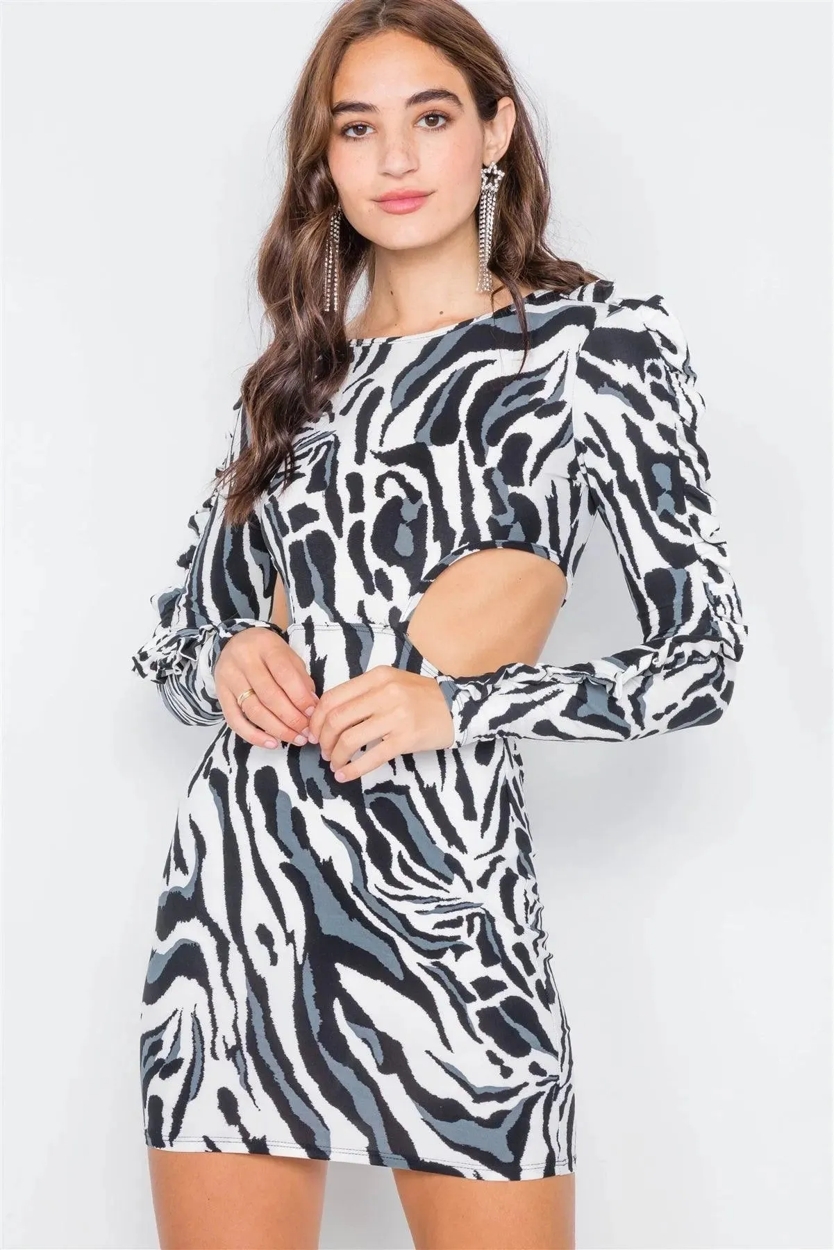 Zebra Cut-Out Flounce Sleeve Trim Mini Dress /2-3-2