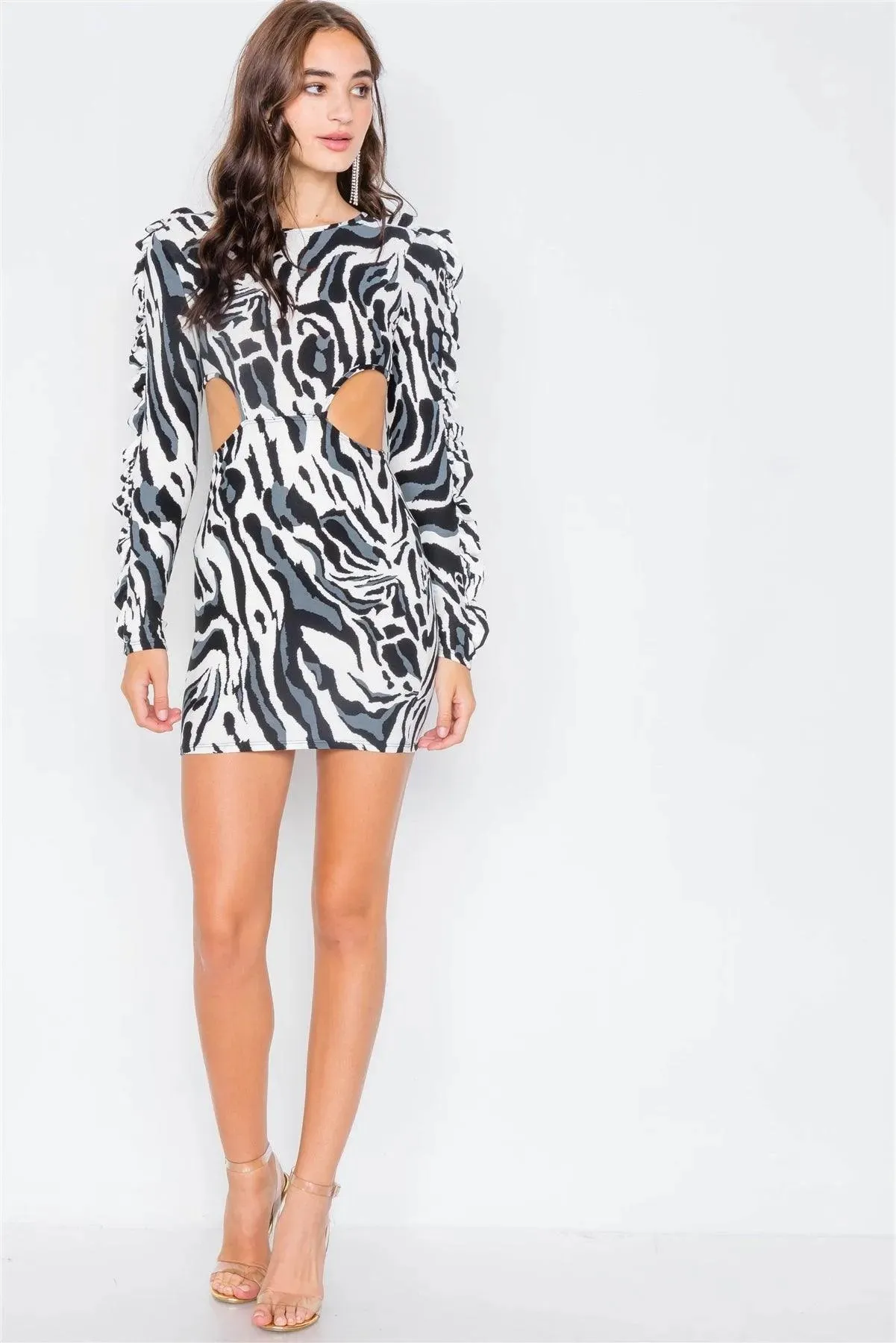 Zebra Cut-Out Flounce Sleeve Trim Mini Dress /2-3-2